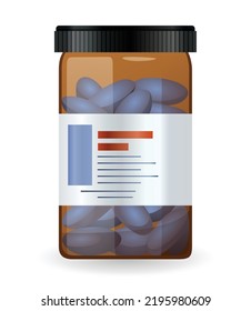 Pill bottle label and pills inside. Medical jar for pills, drugs, tablets, capsules or vitamins. Pharmaceutic container in vector flat style design. Medicine bottle isolated on white background