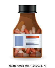 Pillen Sie das Flaschenetikett und die Tabletten drinnen. Medizinisches Glas für Pillen, Medikamente, Tabletten, Kapseln oder Vitamine. Pharmazeutischer Behälter in Vektorflachdesign. Arzneimittelflasche einzeln auf weißem Hintergrund