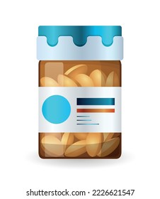 Pillen Sie das Flaschenetikett und die Tabletten drinnen. Medizinisches Glas für Pillen, Medikamente, Tabletten, Kapseln oder Vitamine. Pharmazeutischer Behälter in Vektorflachdesign. Arzneimittelflasche einzeln auf weißem Hintergrund