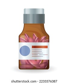 Pillen Sie das Flaschenetikett und die Tabletten drinnen. Medizinisches Glas für Pillen, Medikamente, Tabletten, Kapseln oder Vitamine. Pharmazeutischer Behälter in Vektorflachdesign. Arzneimittelflasche einzeln auf weißem Hintergrund