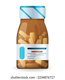 Pídele la etiqueta del frasco y píldoras dentro. Frasco médico para píldoras, medicamentos, comprimidos, cápsulas o vitaminas. Contenedor farmacéutico en diseño de tipo plano vectorial. Frasco de medicamento aislado en el fondo blanco