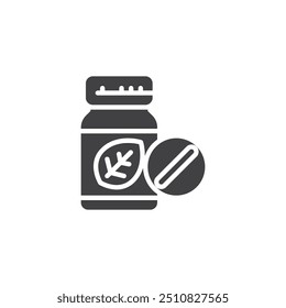 Pill bottle with a leaf vector icon. filled flat sign for mobile concept and web design. Vitamin Pills glyph icon. Supplements symbol, logo illustration. Vector graphics