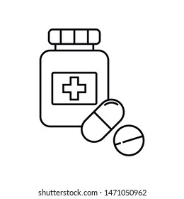 Pill bottle line icon, Medications jar outline vector logo illustration, linear pictogram isolated on white