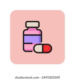 Pill bottle line icon. Painkiller, vitamin, antibiotic. Allergy concept. Vector illustration can be used for topics like medicine, health, pharmacy