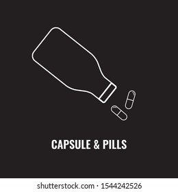 Pill bottle line icon. Pour out capsules or pills. Outline art vector illustration.