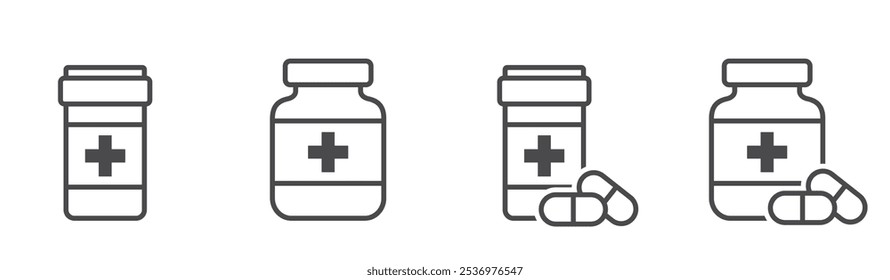 pill bottle line icon set. medication and pharmaceutical symbols. isolated vector images in simple style