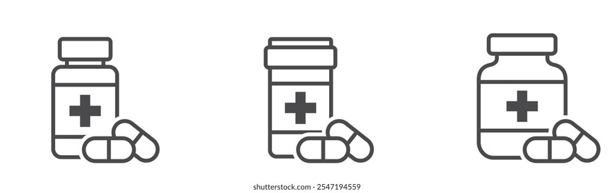 Conjunto de iconos de línea de botella de píldora. símbolos de medicina, terapia y medicación. Imágenes vectoriales aisladas en estilo simple