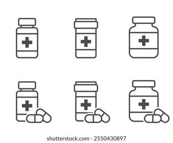 conjunto de ícone de linha de frasco de pílula. símbolos de medicamento e medicação. imagens vetoriais isoladas em estilo simples