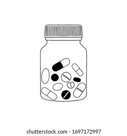 Pill bottle linear vector illustration. Prescription bottle. Concept for healthcare and medicine symbol. Pharmaceutical preparations, vitamins, drugs in container sign. 