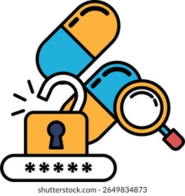 A pill bottle with a lock on it. The pill bottle is blue and yellow