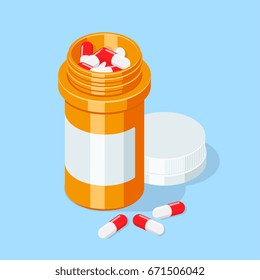 Pill Bottle. Medical Capsules Container. Isometric Vector Illustration