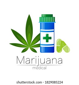 Pill Bottle With Medical Marijuana Pills Vector Illustration. Layered EPS 10 File. Cannabis Therapy Medical And Healthcare. Medical Pharmacy Symbol With Herbal Plant Leaves Silhouette.