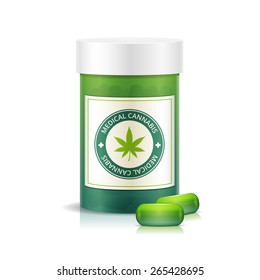 Pill Bottle With Medical Marijuana Pills Vector Illustration. Layered EPS 10 File.