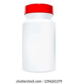 Pill Bottle. Medicine Drug Container Mockup. Medical Supplement or Vitamin 3d Package with Red Lid. Plastic Pharmaceutical Tablet Realistic Jar. Headache Medication Closeup.