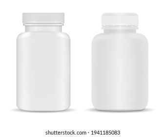 Pídele la botella. Mockup de botella suplementaria de medicamentos, 3d vectorial en blanco. Frasco de comprimido aislado, producto del envase de la cápsula. Los medicamentos recetados pueden ser una ilustración realista. Frasco de cura antibiótica, frasco de solución