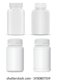 Pill bottle mockup. White plastic supplement bottle. Medical drug container, pill jar, pharmaceutical remedy concept. Pillbox collection design, realistic drugs can template, health cure tablet