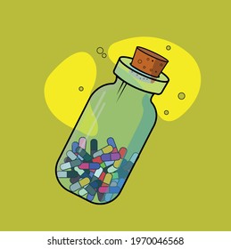 Pill bottle. multicolor Medical capsules in glass container closed with wooden bottle cap. Isometric vector illustration