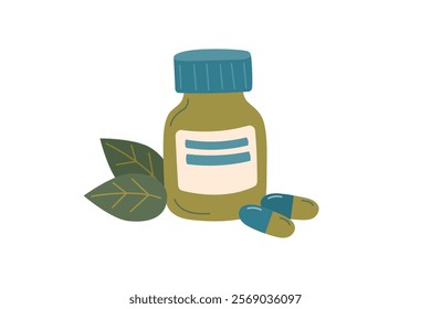 Pill bottle and natural organic pills, nutritional supplement isolated on white background. Concept of alternative medicine, healthcare and cure. Vector flat clipart.