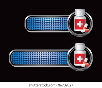 pill bottle on blue checkered tabs
