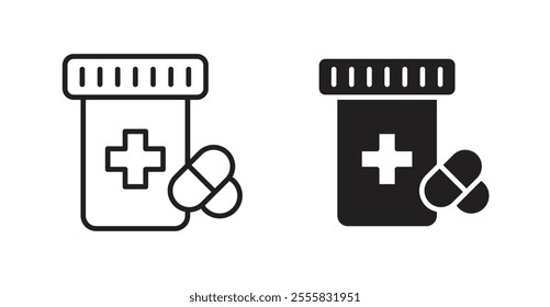 Pill bottle outlined and solid icon vector collection.
