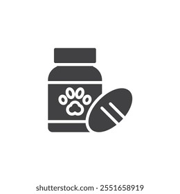 Pill bottle with paw vector icon. filled flat sign for mobile concept and web design. Pet Vitamins glyph icon. Pets supplements symbol, logo illustration. Vector graphics