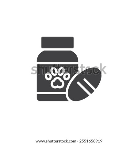Pill bottle with paw vector icon. filled flat sign for mobile concept and web design. Pet Vitamins glyph icon. Pets supplements symbol, logo illustration. Vector graphics