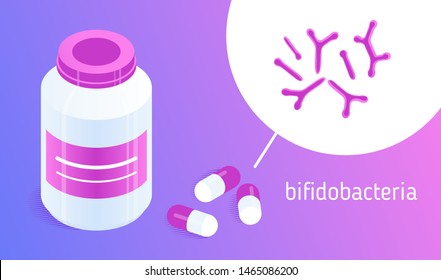 Pill bottle and pills with bifidobacteria. Isometric vector icons. Concept of informational or advertising illustration. Design element for medical infographics, banners, articles, websites, apps etc.