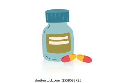 Pill bottle and pills isolated on white background. Concept of medicine, healthcare and cure. Vector flat clipart.