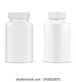 Pill bottle. Plastic supplement container vitamin capsule jar isolated, 3d mockup. Medical tablet product template. Prescription medication packaging design. Pillbox, antibiotic cure. Medicine package