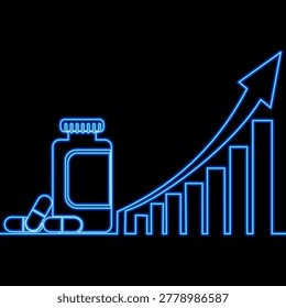 Pill bottle with rising graph symbolizing pharmaceutical market growth and healthcare industry profits icon neon glow vector illustration concept