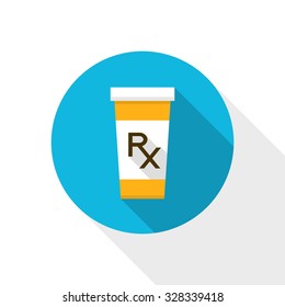 Pill bottle with Rx - prescription sign. Flat style icon with long shadow. Vector illustration with medical and pharmaceutical theme. Pharmacy symbols.