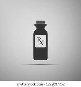 Pill bottle with Rx sign and pills icon isolated on grey background. Pharmacy design. Rx as a prescription symbol on drug medicine bottle. Flat design. Vector Illustration