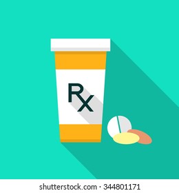 Pill bottle with Rx sign and pills. Pharmacy design. Pill bottle with Rx sign. Flat style pharmacy design. Rx as a prescription symbol on pill bottle.