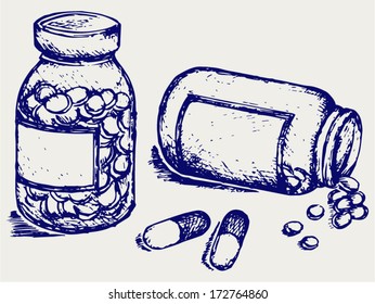 Pill bottle. Spilling pills on to surface. Doodle style