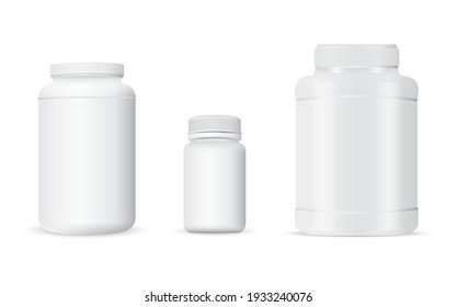 Pill Bottle, Sport Nutrition Jar Template, Protein Packaging Mockup. White Plastic Container For Whey Protein Powder. Sport Supplement, Medical Cure Tablet 3d Box, Drug Capsule Jar Design