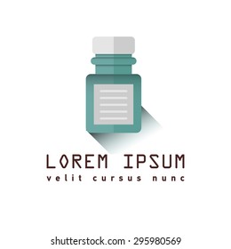 Pill bottle with various pills and capsules Icon with flat design element. Modern style logo vector illustration concept. Isolated on white background. First aid, diagnostic.Health care