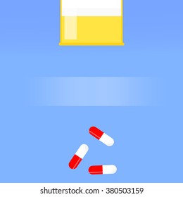 Pill bottle with various pills and capsules. Bottle of of prescription pill with labels template, Vector illustration