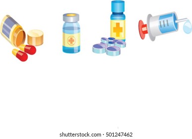 Pill bottle with various pills and capsules vector. Modern vector icon on white. Illustration symbol icon isolated on white