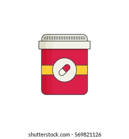 Pill bottle with various pills and capsules.