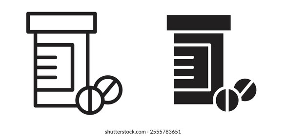 Pill bottle vector icon set in black color.