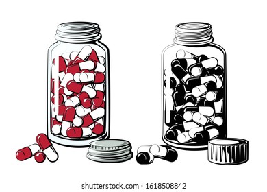 Pill bottle vector illustration. Two glass containers filled with capsule shaped tablets in black and white, and in color.