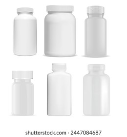 Pill bottle. Vitamin pill jar, plastic blank. Supplement tablet container design, pharmaceutical drug capsule medication illustration. Prescription pharmacy product packaging