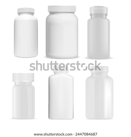 Pill bottle. Vitamin pill jar, plastic blank. Supplement tablet container design, pharmaceutical drug capsule medication illustration. Prescription pharmacy product packaging