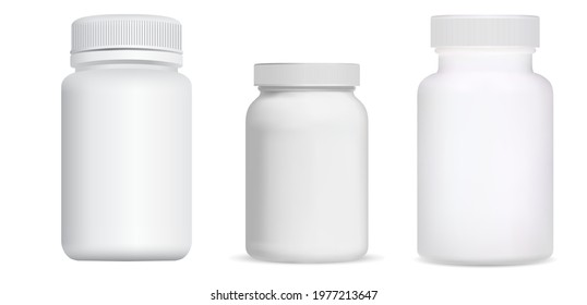 Pill bottle. Vitamin package blank, supplement jar. Medical capsule container, tablet drug can, pharmaceutical product closeup. Clean pharmacy product design, medication cure antibiotic drugs