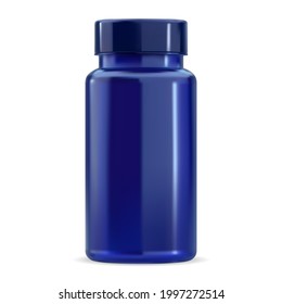 Pill bottle. Vitamin supplement jar mockup, blue plastic 3d package sample without label, vector blank. Tablet container product with cap, pharmaceutical remedy, round vertical design