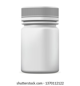 Pill Bottle. White Medicine Empty Container, Vector. Vitamin Drug Pharmaceutical Healthcare Industry.Medication Antibiotic Pot for Aspirin Dose. Supplement Packaging Design Mockup. 3d Plastic Jar.