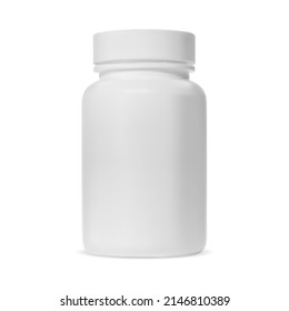 Pill bottle. White medicine supplement jar, isolated vector. Aspirin capsule box template. Medical antibiotic tablet bottle, drug medicament. Relistic pharmaceutical container on white background