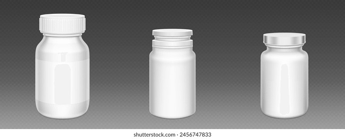 Pill bottles 3D isolated on transparent background. Vector realistic illustration of blank jar mockups, metal and plastic caps, container for food supplement, vitamin tablets, pharmaceutical product