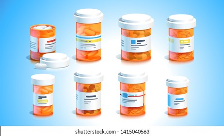 Pill bottles. Open plastic pills tube with cap. Some meds capsules lying down. Drug medication, supplements & medicament. Realistic flat style vector medicine object illustration