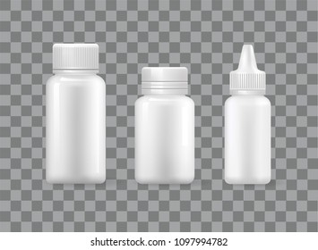 Pill bottles set and spray container isolated 3D icons on transparent. Blank medical storage for capsules in realistic design vector, pharmaceutical remedy